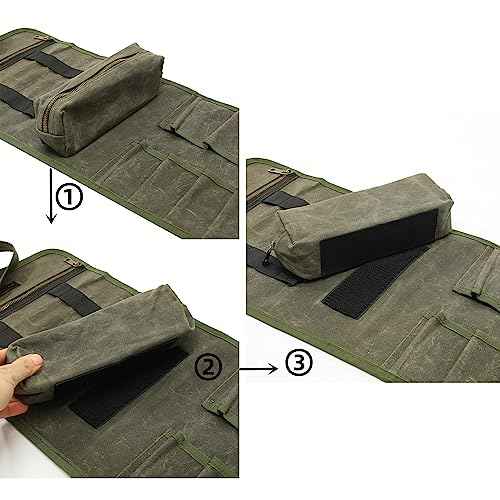 Waxed Canvas Multi-Purpose Waterpoof Tool Organizer Bags, Portable Carry On Pouch with 1 Small Detachable Tool pouch and 1 Zipper Pockets, 24.5" X 10.5"|ArmyGreen