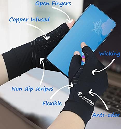 2 Pairs Compression Gloves for Women and Men, Fingerless Copper Arthritis Gloves for Rheumatoid Arthritis Osteoarthritis Carpal Tunnel, Hand Pain Relief and Support, Open Finger (Black, Large)