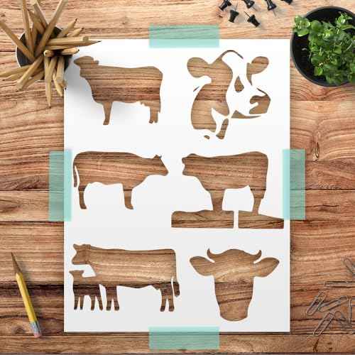 Farm Animal Stencil Set Chicken Cow Frog Bird Silhouette Templates Reusable 8.5 x 11 in Mylar Stencils for Painting Wood Signs Walls DIY Crafts (Cow)