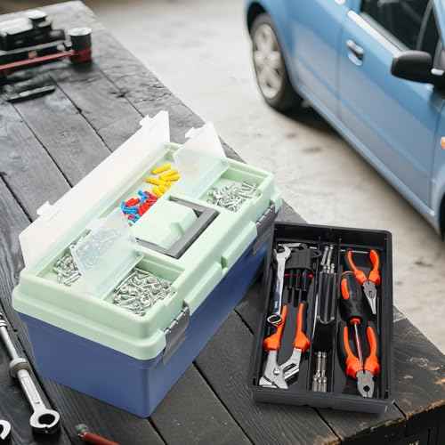 15-inch Tool Box with Removable Tray, Small Parts Box On The Lid is Removable, Tray Can be Removed and Combined at Will (Blue)