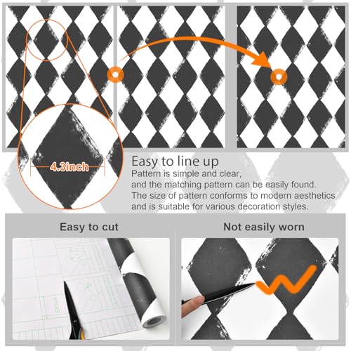 Rugreat Modern Peel and Stick Wallpaper Black and White Geometric Contact Paper for Cabinet Self Adhesive Removable Wallpaper for Bedroom Bathroom Waterproof Black Contact Paper Rhombus 78.8inL17.3inW