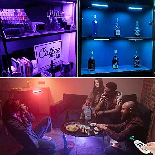 LED Under Cabinet Lighting Wireless, Dimmable LED Closet Light Rechargeable, Remote Control Kitchen Counter Lighting 15 Color Changing RGB Bar Perfect for Bedroom Indoor Pantry Shelf, 6 Pack