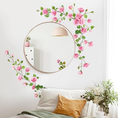 SHUCHING Pink Rose Wall Stickers Peel and Stick, Flower Wall Decals, Vinyl Art for Girl Bedroom Living Room Sofa Backdrop TV Wall Decor