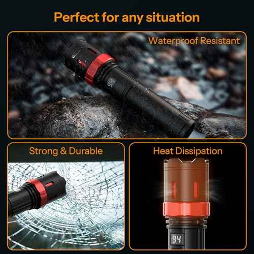 Rechrgeable EDC Flashlight, 99000 High Lumens Super Bright Flashlight, 5 Mode Flash Light with LED Display, Waterproof Powerful Handheld Light for Camping Hiking Emergency Home, 2pack
