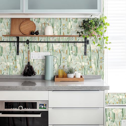 Ismoon Green Peel and Stick Wallpaper Boho Nursery Wall Paper Crane Egret Light Green Contact Paper Vinyl Removable Wallpaper for Cabinets Shelf 16.1x78.7in