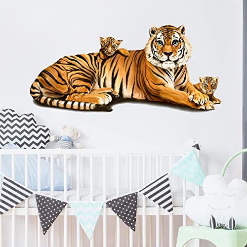 Cute Tiger and Cubs Wall Decal Nursery Jungle Animal Wall Sticker Removable Peel and Stick Waterproof Wall Art Decor Stickers for Kids Baby Classroom Living Room Playing Room Bedroom