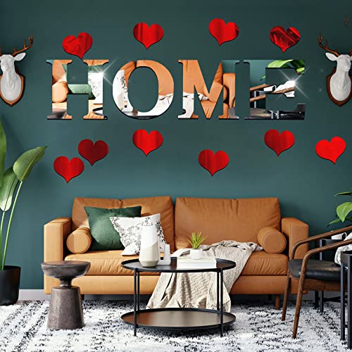 14PCS Mirror Wall Decor Home Sign Letters for Wall Stickers Decal, Silver 3D Art Red Heart Sticker for Bedroom Family Farmhouse Office Modern Living Room Decor