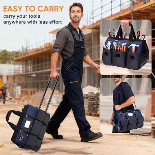 Rolling Tool Bag with Large Capacity, Heavy Duty Tool Organizer Bag with Wheels and Multi-pocket, Tool Storage Bag with Handle/Shoudler Strap/for Men, Electrician, Repairman, HVAC Techs, Mechanic