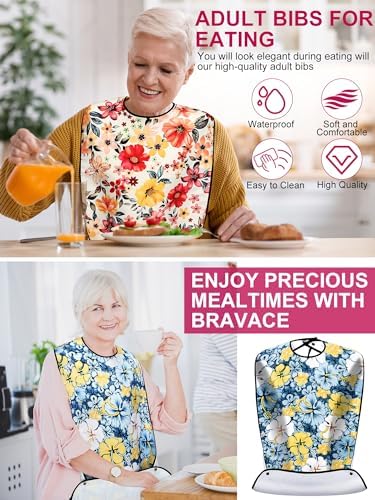 Eurzom 6 Pack Adult Bibs for Elderly Women Men, Reusable Adult Bibs for Eating with Optional Crumb Catcher Clothing Protector