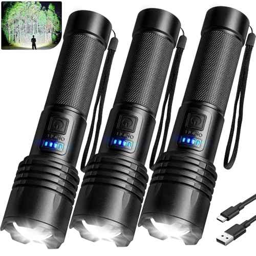 Rechargeable Flashlights High Lumens 3 Pack, 99,000 Lumen Super Bright Led Flashlight with Adjustable 3 Modes & 15H Runtime, Brightest Handheld Waterproof Flash Lights for Home Camping Hiking