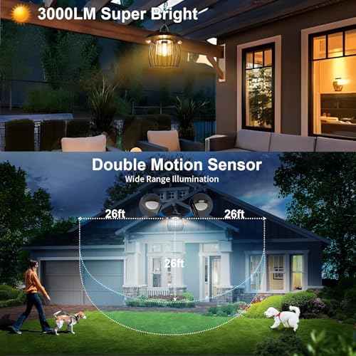 Solar Shed Lights with 2 Motion Sensors, Classic Metal Solar Chandelier Outdoor with 5 Lighting Modes, Waterproof Pendant Lamp with Remote Control for Gazebo, Garden, Patio, Barn(16.4FT Cord, 2 Pack)