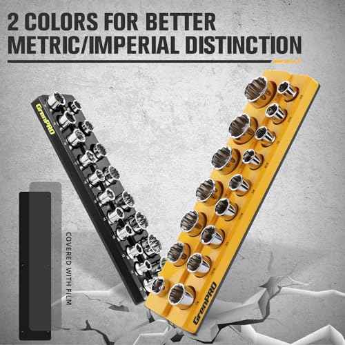 2-Piece Drive SAE & Metric Magnetic Socket Organizer, Holds 52 Sockets, Black & Yellow