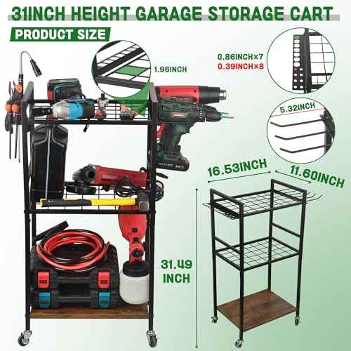 ULIBERMAGNET Power Tool Storage Organizer Cart, Metal Open Tool Rack Cart with Wheels,Heavy Duty Rolling Utility Storage Drill Rack Shelf for Garage, Shed, Yard Tool Holder, Basement,Gift Ideas