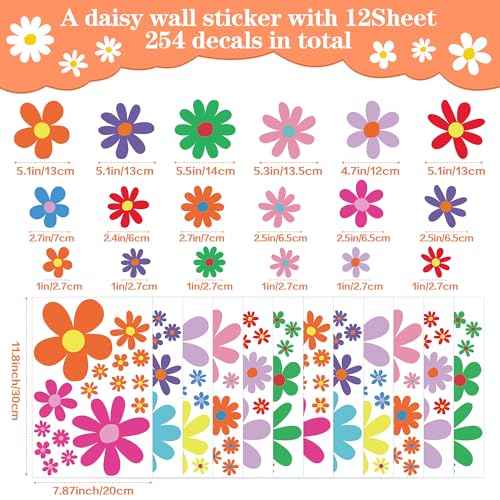 12 Sheets Daisy Wall Decals Boho Flower Wall Stickers Cute Kids Girls Room Decor Peel and Stick Floral Decals Toddler Nursery Playroom Living Room Bedroom Classroom Retro Hippie Decor Bright Style