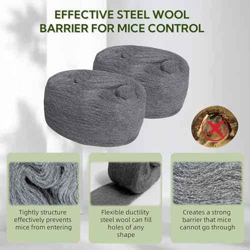 Steel Wool Mice Control - 2 Pack 3'' x 11Ft Steel Wool 0000 - Fine SteelWool Included Work Gloves & Scissors - Mouse Wall Hole Filler for Home, Garden & Garage