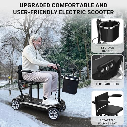 DA-031 4-Wheel Mobility Scooter for Adults/Seniors, One-Click Collapsible, Emergency Brake, Removable Battery & Basket, Seat Storage, Dustproof Cover. - Black