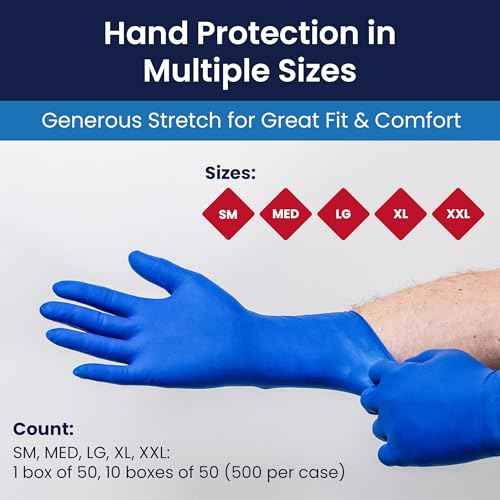 Adenna HERO Disposable Latex Gloves - 14 Mil, NFPA-Approved Heavy Duty Glove with 12" Extended Cuff & Micro-Textured Grip, Exam Grade, Powder Free, Pack of 50, X-Large, Blue