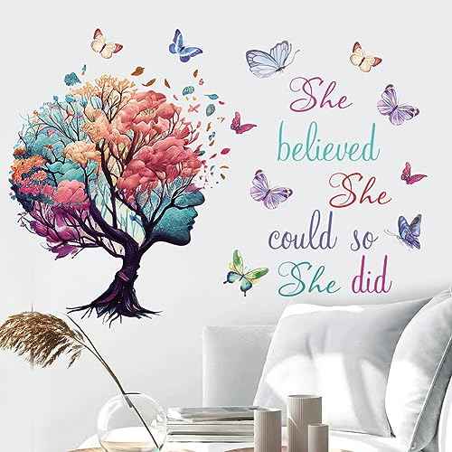 Inspirational Quotes Wall Art - 'She Believed She Could So She Did' Tree & Butterfly Decal Stickers for Women & Girls Bedroom & Living Room Decor