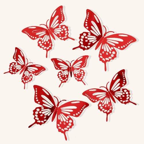 72Pcs 3D Butterfly Wall Decor - 3 Sizes, 3 Styles - Removable Butterfly Wall Stickers for Kids Nursery, Wedding, Bedroom & Room Decor (Red)
