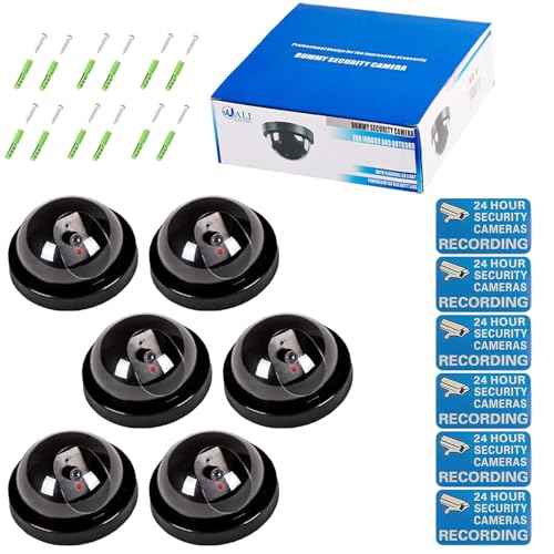 WALI Dummy Fake Security CCTV Dome Camera with Flashing Red LED Light with Security Alert Sticker Decals (SD-6), 6 Packs, Black