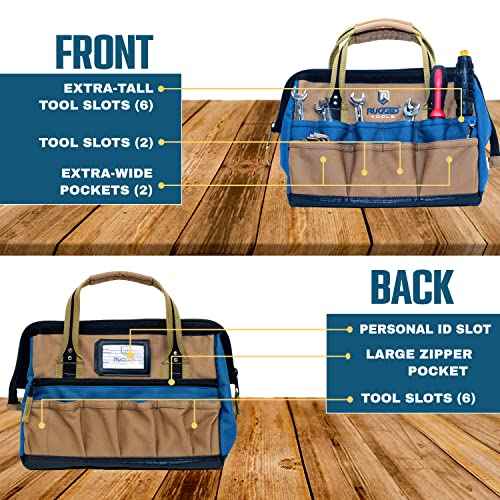 Rugged Tools Field 14" Wide-Mouth Tool Bag - Soft Sided Canvas Tool Bag For Plumbers, Electricians, Carpenters, and Handymen