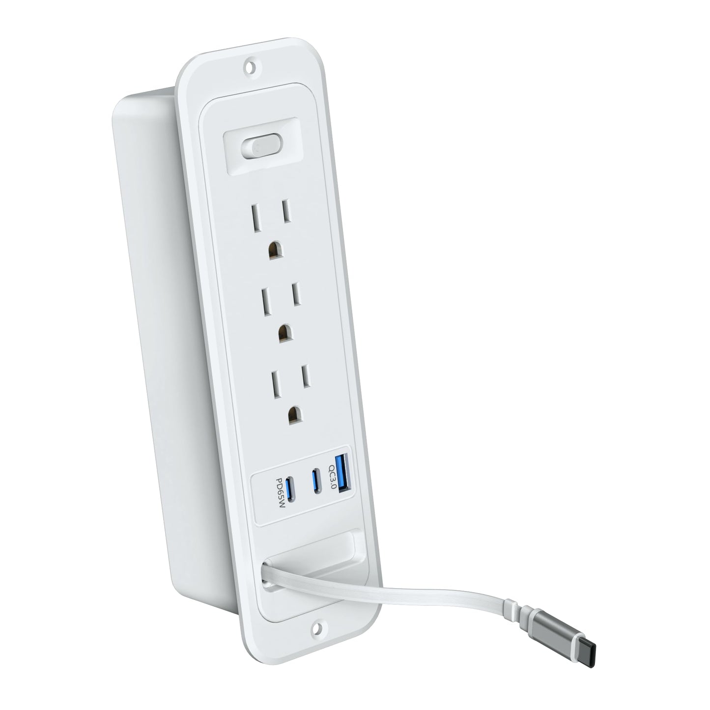 Recessed Power Strip with Retractable USB C Cable,2 PD 65W USB C Fast Charging,Flush Mount Countertop Drawer Outlet, Furniture Hidden Outlet for Side Table,End Table,3 Outlets (Grey, 6FT-65W)