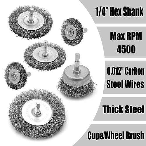 Wire Brush for Drill Set 6 Pcs, Wire Wheel for Drill with 1/4 Inch Hex Shank, Drill Wire Brush Set with 0.012 Inch Coarse Crimped Carbon Steel Wires for Removing Rust, Paint and Corrosion