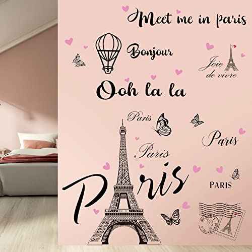 2 Sheets Paris Tower Wall Stickers Decor Paris Eiffel Tower Peel and Stick Wall Decal Large Black Removable Balloon Stickers for Bedroom Living Room Sofa Backdrop Romance Decoration