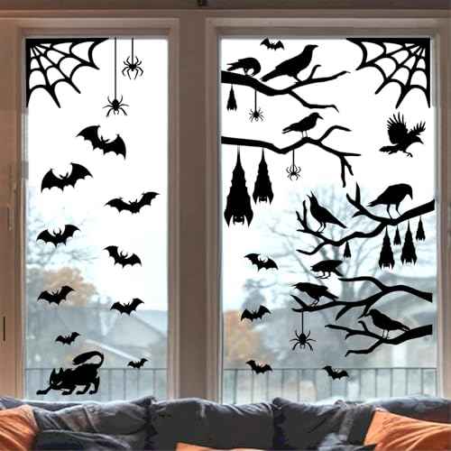 Crow Tree Branch Wall Decals Halloween Vinyl Black Ranven Window Stickers Scary Cat Bat Wall Stickers Spider Crow Halloween Wall Decals Holiday Bat Window Stickers Party Decorations