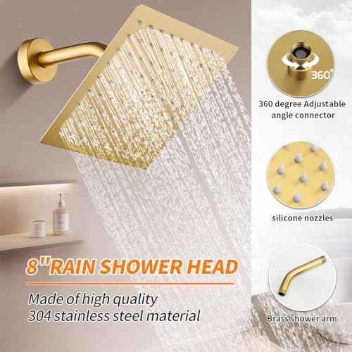 Brushed Gold Shower Faucet Single Function Trim Kit with Rough-in Valve Set Bath Rainfall Shower System 8inch Square Stainless Steel Metal Shower Head