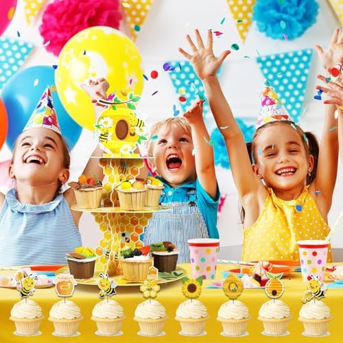 32Pcs Bumble Bee Cupcake Toppers, Bee Gender Reveal Honeycomb Cake Toppers, Oh Babee Cupcake Picks Bee Theme Baby Shower Kids First Birthday Party Cake Decorations Supplies