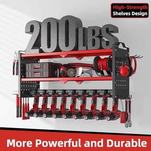 Power Tool Organizer Wall Mount with 9 Drill Holder, Cordless Tool Organizer and Storage Rack, Garage Heavy Duty Metal Shelf Organization for Battery, Tool Box, Hammer, Screwdriver£¨Red£©