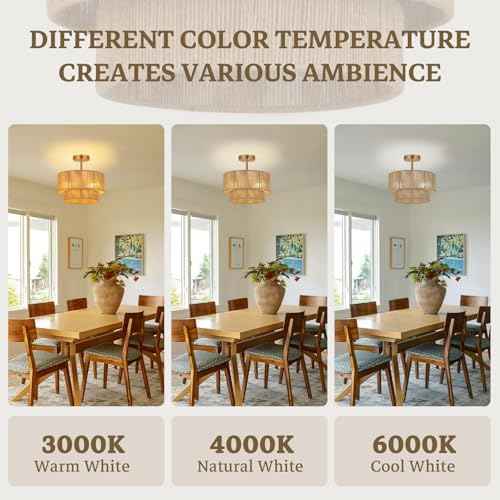 3-Light Boho Light Fixtures Ceiling Mount,12.6'' Rattan Semi Flush Mount Ceiling Light Fixture,Coastal Hemp rope Drum Light Fixtures with 2-Tier Shade, Farmhouse Light Fixture for Bedroom Hallway