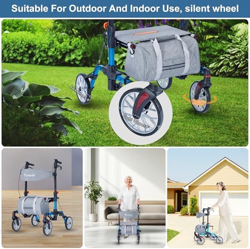 Lightweight Rollator Walker All-Terrain Ultra Compact One-Click Folding with seat and Adjustable Height backrest, 300 lbs Capacity, 8" Wheels for Seniors, Adults, bariatric, Includes Cane Holders