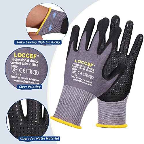 LOCCEF Work Gloves MicroFoam Nitrile Coated-6 Pairs,Endurance Seamless Knit Nylon,Dots on palm,Tacky Dot Grip Gloves