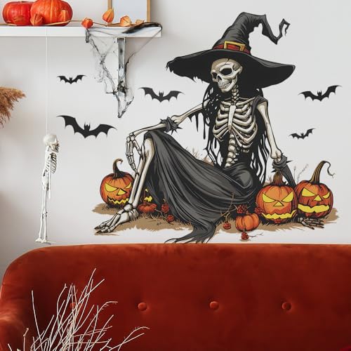 Horror Halloween Witch Skeleton Wall Decals,Removable Skull Wall Stickers with Bats & Pumpkins for Halloween Party Home Classroom Bar Decor (15.7x23.6 Inch)