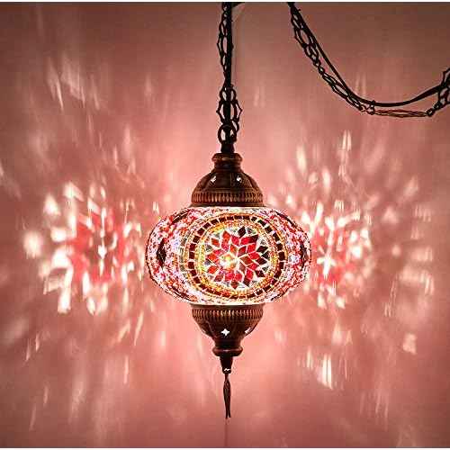 DEMMEX Plug-in Turkish Moroccan Mosaic Hanging Pendant Ceiling Light ? Swag Lamp Fixture with 15ft Cord & Chain, Handcrafted Glass, Tiffany Style, Mediterranean Decor (Amber Brown)
