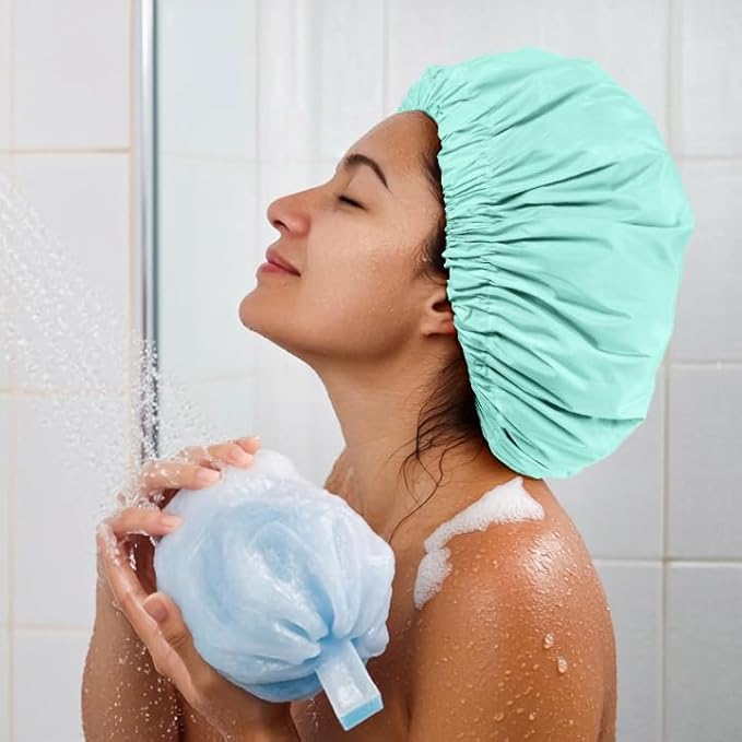 Reusable Shower Cap for Women, Large Waterproof Shower Bonnet with Elastic Band, Washable Bath Hair Cap for Long, Curly Hair, Braids, Daily Shower, Home Spa, Travel(Mint Green)