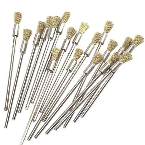 Luo ke 20 Pcs Extended Shank Brass End Brushes, 1/8'' Extra Long Shank Pen Shape Rust Paint Removal Bits Wire Brush for Rotary Tools