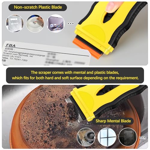 DEKEones Razor Blade Scraper, 1 Pack?2-in-1 Scraper Tool with 5Pcs Plastic Blades and 5 Pcs Metal Blades, Multifunctional Cleaning Razor Scraper for Stickers, Decals, Cooktop, Oven£¨Yellow£©