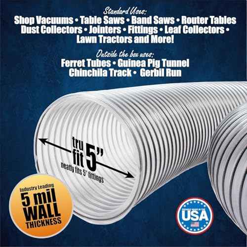 PVC Dust Collection Hose w/4 Thumbscrew Clamps, Puncture Resistant, Carbon Steel Wire, Clear Flexible PVC Dust Collector Hose, Proudly Made in USA (5" x 10')