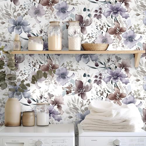 GloryTik Floral Wallpaper Purple Peel and Stick Wallpaper Boho Wall Paper Floral Contact Paper Removable Bathroom wallpapr Self Adhesive Wallpapr for Bedroom Cabinets Decor Vinyl 17.3"X118"