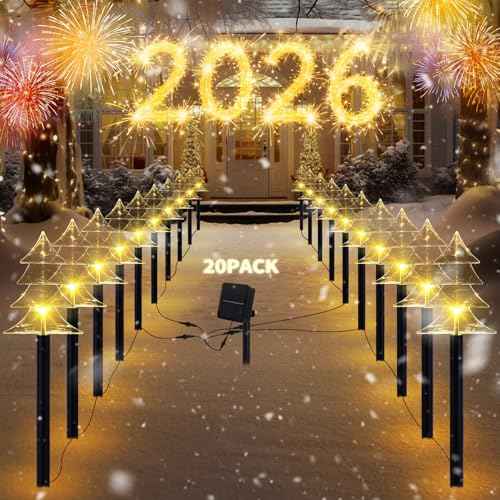 ILLUMINEW Outdoor Christmas Decorations, Solar Xmas Pathway Lights, Set of 20 Waterproof Landscape Christmas Lights, LED Lamp for Yard Lawn Patio Walkway Decor