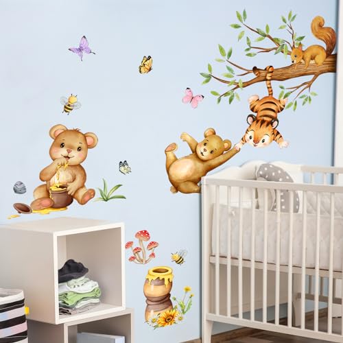 Supzone Woodland Bear Wall Stickers - Cute Animal Tree Branch Wall Decals, Tiger Bear Squirrel Swinging for Honey Wall Decor for Kids Baby Nursery Playroom Living Room Bedroom