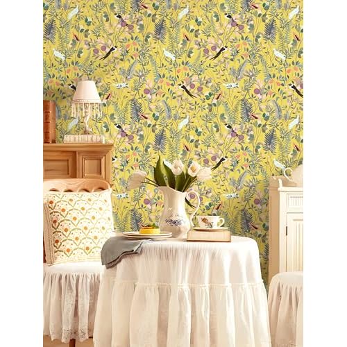 HAOKHOME Peel and Stick Wallpaper Yellow Botanical Bird Chinoiserie Vintage Wall Paper Self Adhesive Contact Paper for Accent Wall Shelf Liner 17.3in x 9.8ft