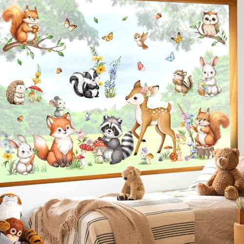 decalmile Woodland Animals Double Sided Window Clings - Forest Animal Window Decals with Deer, Fox, Squirrel, Raccoon