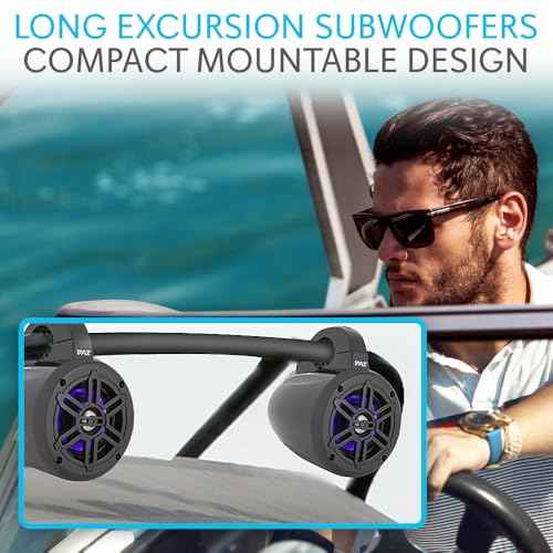 Pyle Waterproof Marine Wakeboard Tower Speakers - 4 Inch Dual Subwoofer Speaker Set w/ 300 Max Power Output - Boat Audio System w/Built-in LED Lights - Mounting Clamps Included PLMRLEWB46B (Black)