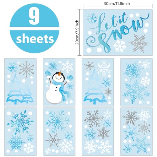 Winter Snowflake Snowman Wall Stickers Christmas Window Decals Small Room Mural Stickers for Party Home Bedroom Kitchen Decor, 7.9 x 11.8 Inch, 9 Sheets