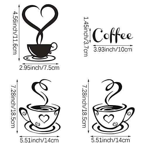 4 Pack Coffee Tea Cup Art Wall Decal Sticker, Coffee Bar Wall Decor Removable Signs DIY Vinyl Mug Decal Wallpaper for Cafe Pub Restaurant Kitchen Home Office Shop Hotel Wall Decoration