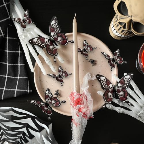 Halloween Wall Stickers 24 Pcs 3D Butterfly Wall Decals Gothic Black Red Butterfly Wall Decor Halloween Party Supplies for Bedroom Room Door Window Fireplace Decoration, Skull Style